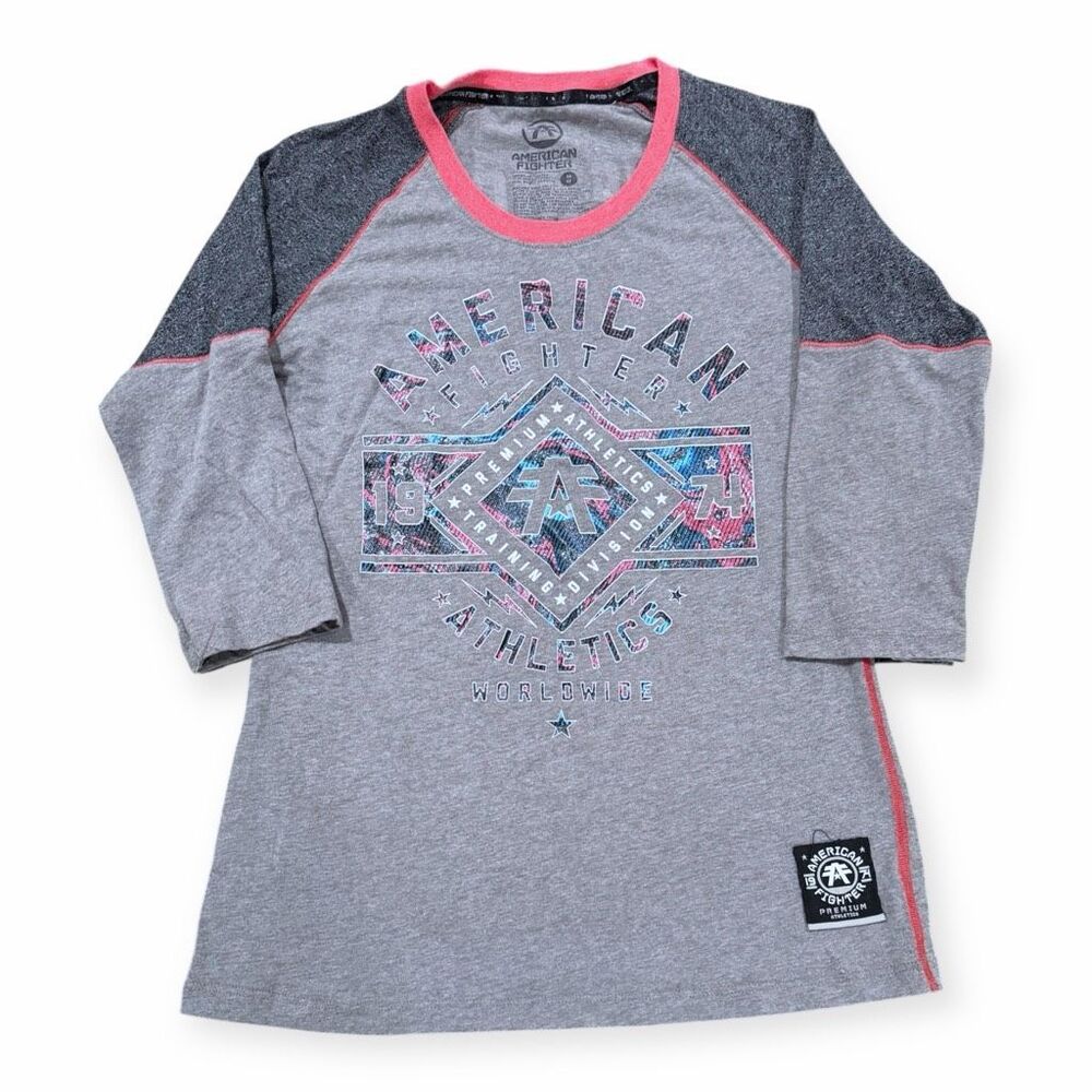 AMERICAN FIGHTER Women’s Gray Pink 3/4 Sleeve Santa Clara Graphic T-Shirt Size M